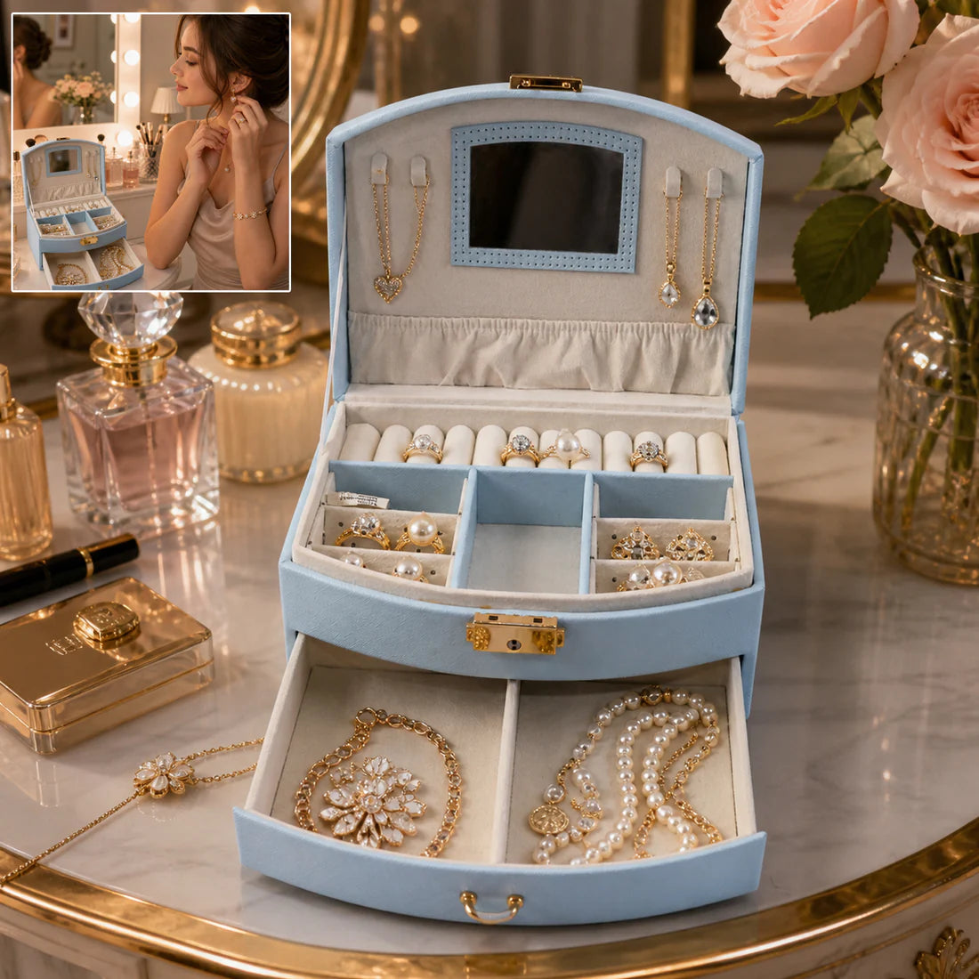 Premium Multi-Layer Jewelry Organizer Box with Mirror