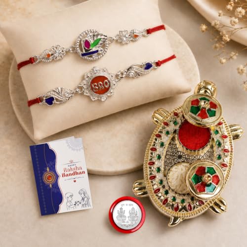 Floral Bro Rakhi Combo with Turtle Pooja Thali