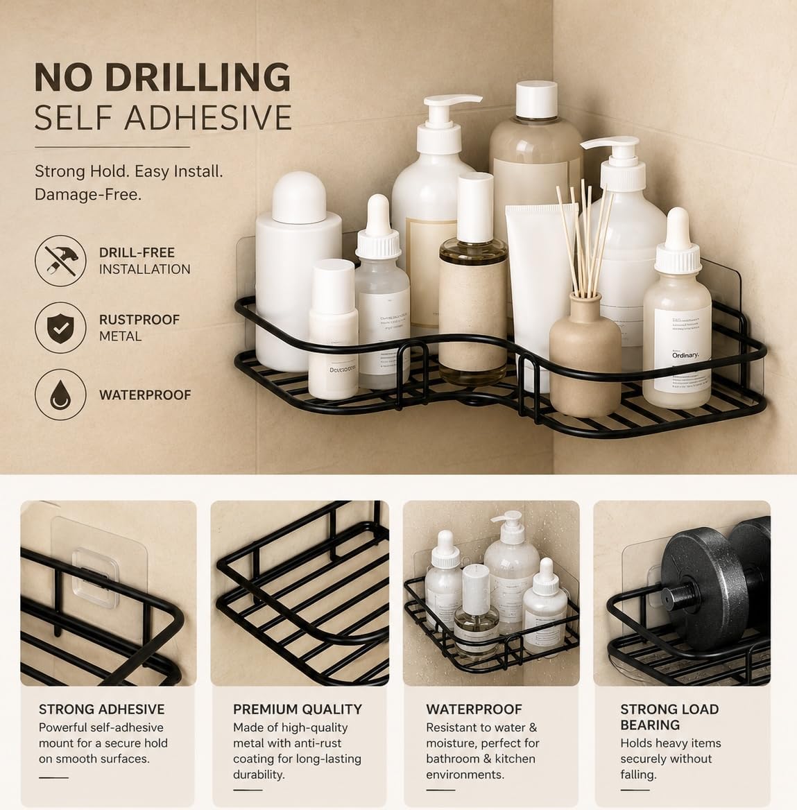 2-Piece No-Drill Bathroom Corner Shelf – Rustproof Shower Organizer