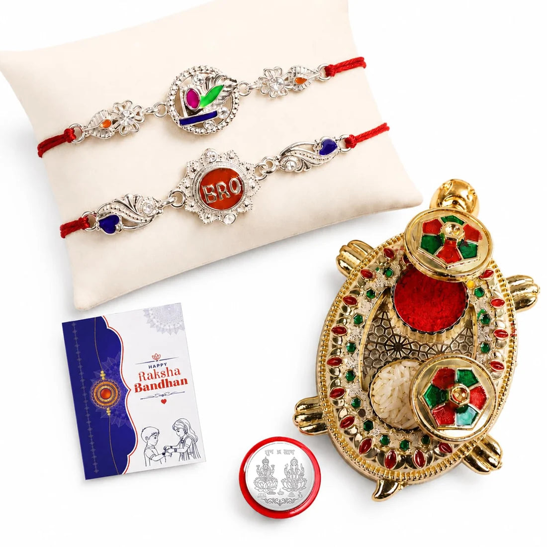 Floral Bro Rakhi Combo with Turtle Pooja Thali